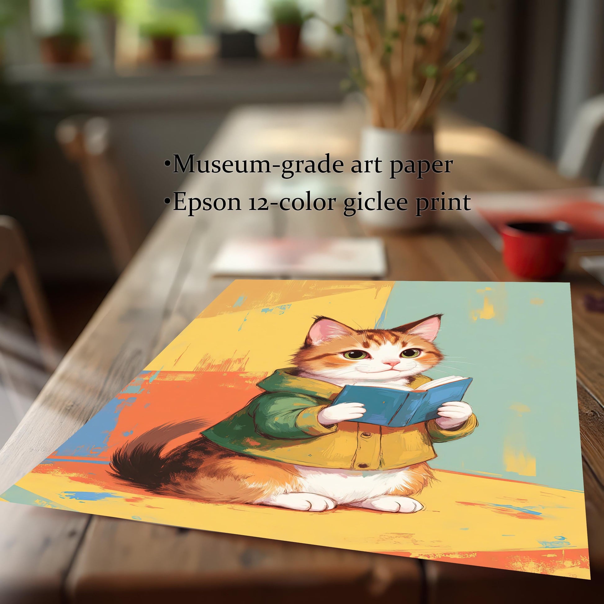 A vibrant, unframed art print of a cute cat reading a book, resting on a rustic wood dining table. The image highlights the high-quality printing process, noting it's a "Museum-grade art paper" and an "Epson 12-color giclee print."