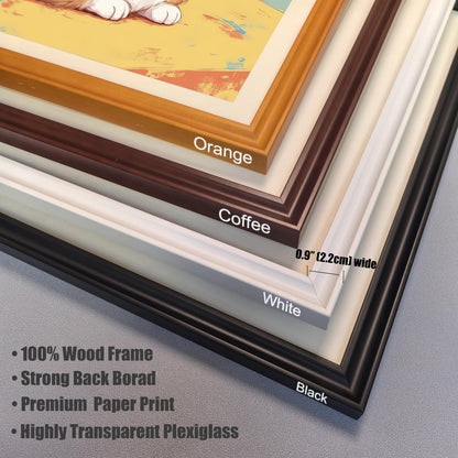 A close-up view of four wood frame options for a cute cat art print. The frames are labeled Orange, Coffee, White, and Black, with a text overlay indicating the 0.9 inch (2.2 cm) width. The image also lists the product's high-quality features, including a "100% Wood Frame," "Strong Back Board," "Premium Paper Print," and "Highly Transparent Plexiglass."