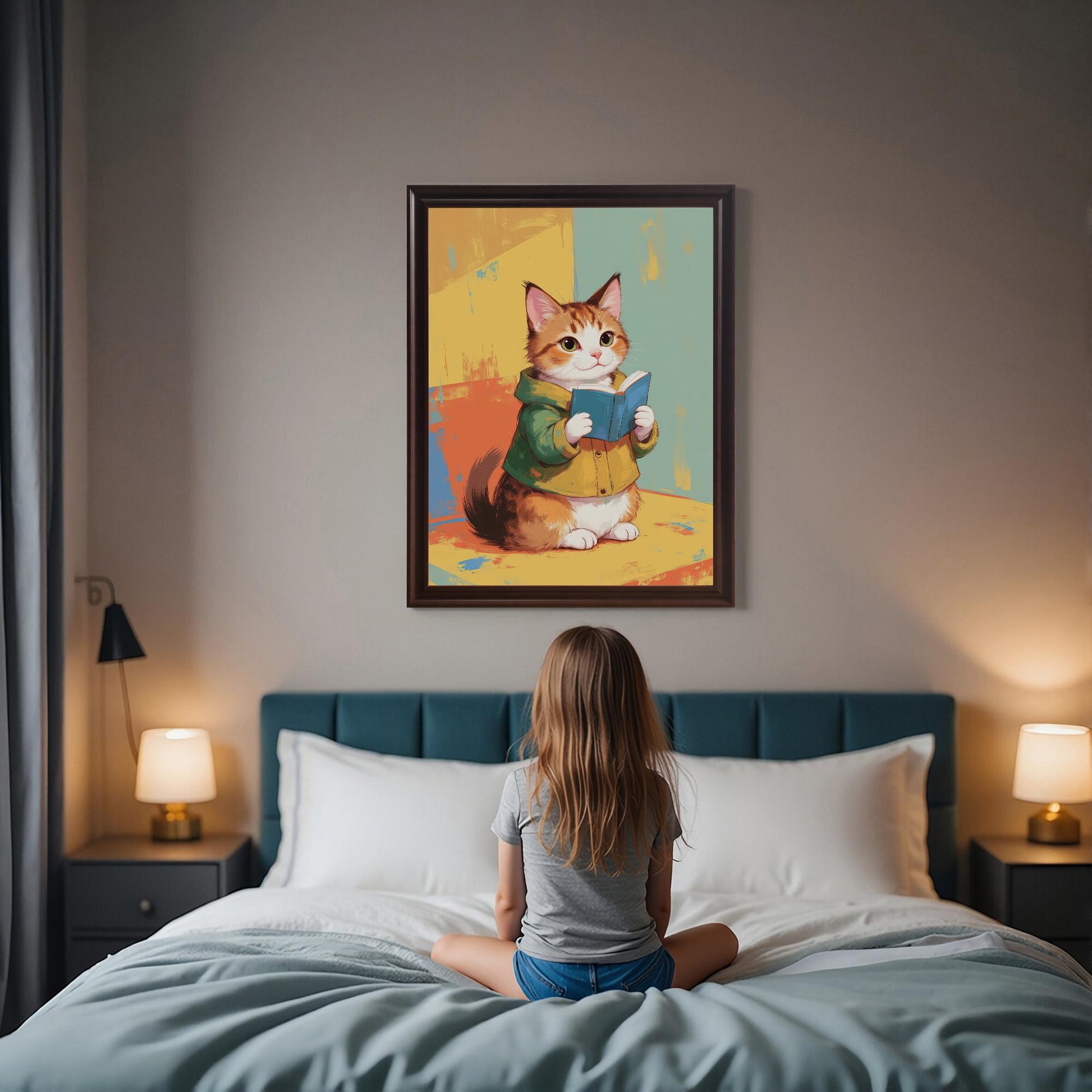 A young child sitting on a bed and looking up at a framed art print of a cute cat. The dark brown wood frame hangs on a gray wall above the bed, featuring a whimsical print of a cat reading a blue book.