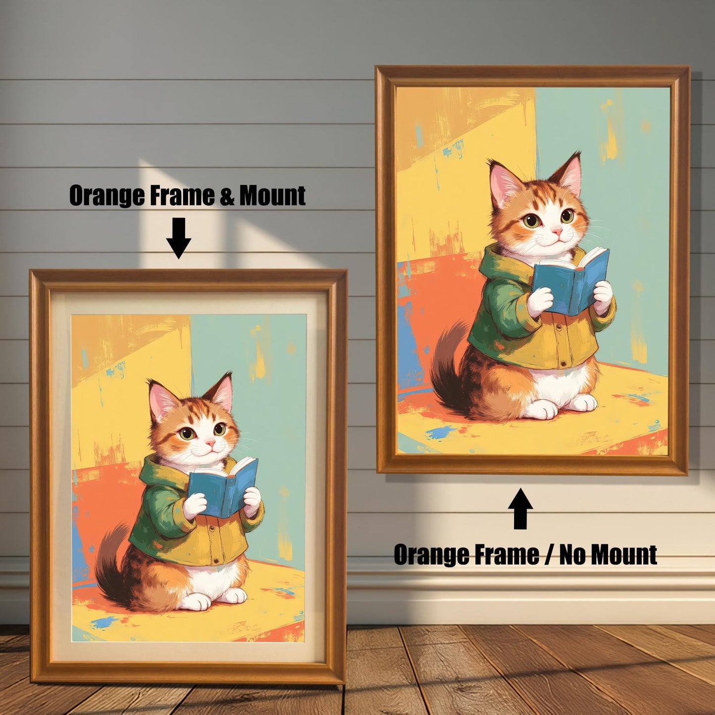 An art print featuring a cute cat reading a book, shown in two variations with an orange wood frame. The print on the left has a white mat (mount), while the one on the right is framed without a mat. Both prints are displayed against a white wood paneled wall.