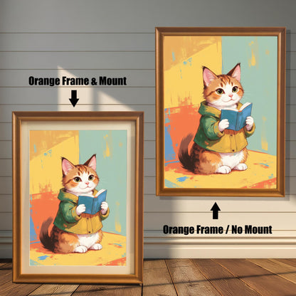 An art print featuring a cute cat reading a book, shown in two variations with an orange wood frame. The print on the left has a white mat (mount), while the one on the right is framed without a mat. Both prints are displayed against a white wood paneled wall.