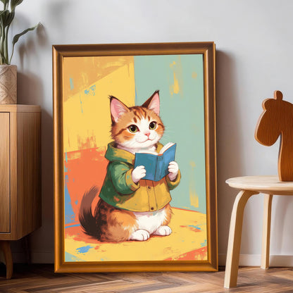 A large gold-framed art print of a cute cat reading a book, leaning against a gray wall next to a wooden table. The print is bright and colorful, with the cat wearing a green hoodie.