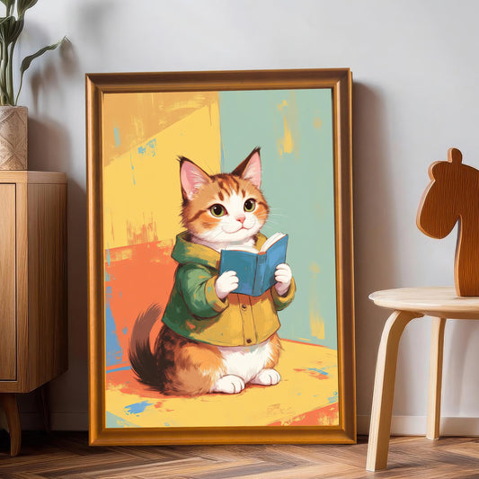 A large gold-framed art print of a cute cat reading a book, leaning against a gray wall next to a wooden table. The print is bright and colorful, with the cat wearing a green hoodie.