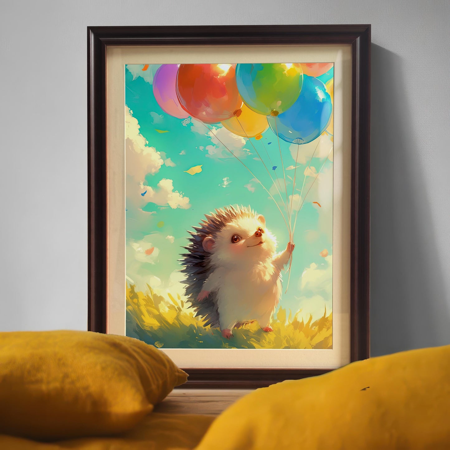The hedgehog art print in a dark wood frame, displayed in a home setting on a console table behind bright yellow pillows.