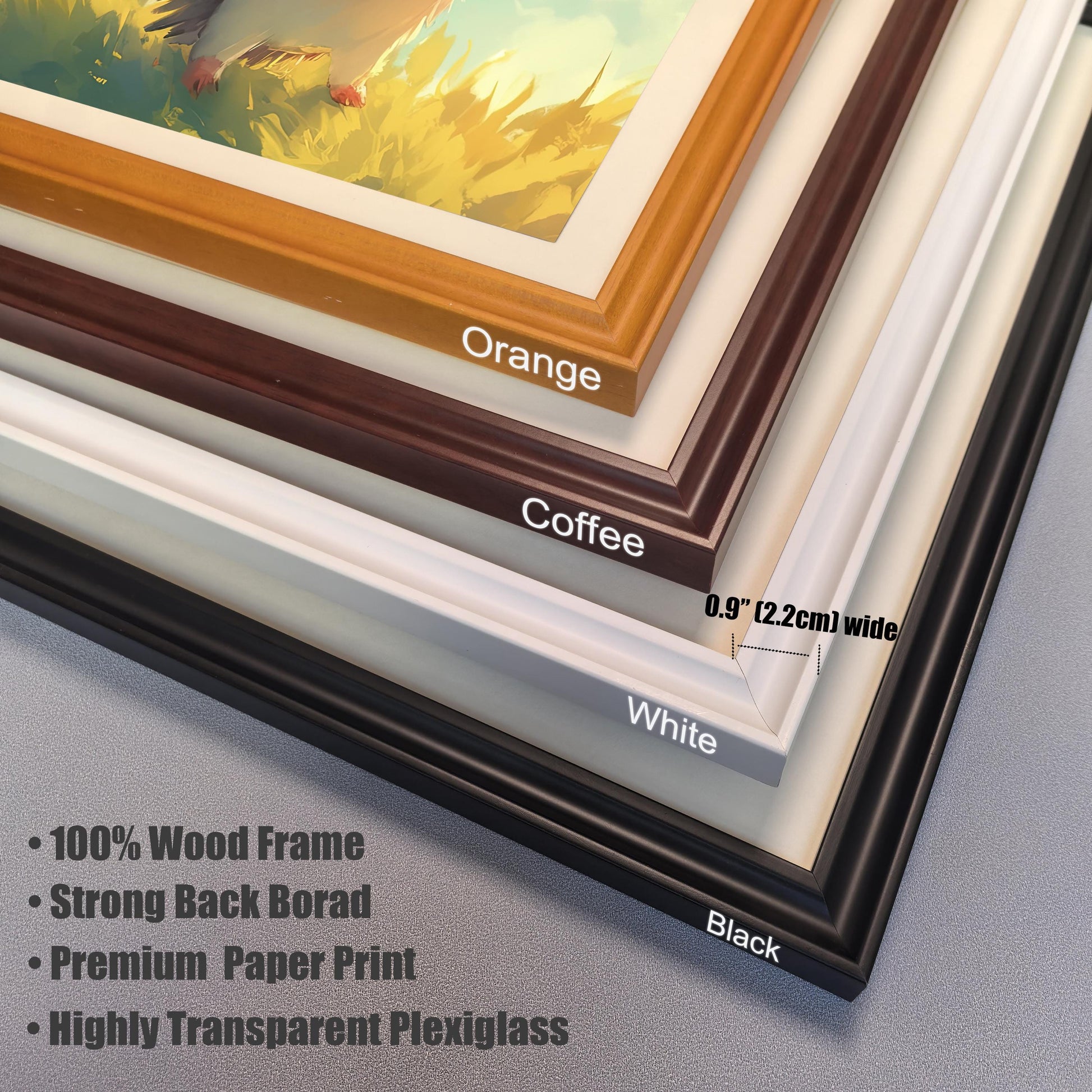 A close-up of the corners of the four available wood frame colors: Orange, Coffee, White, and Black, highlighting the quality materials.