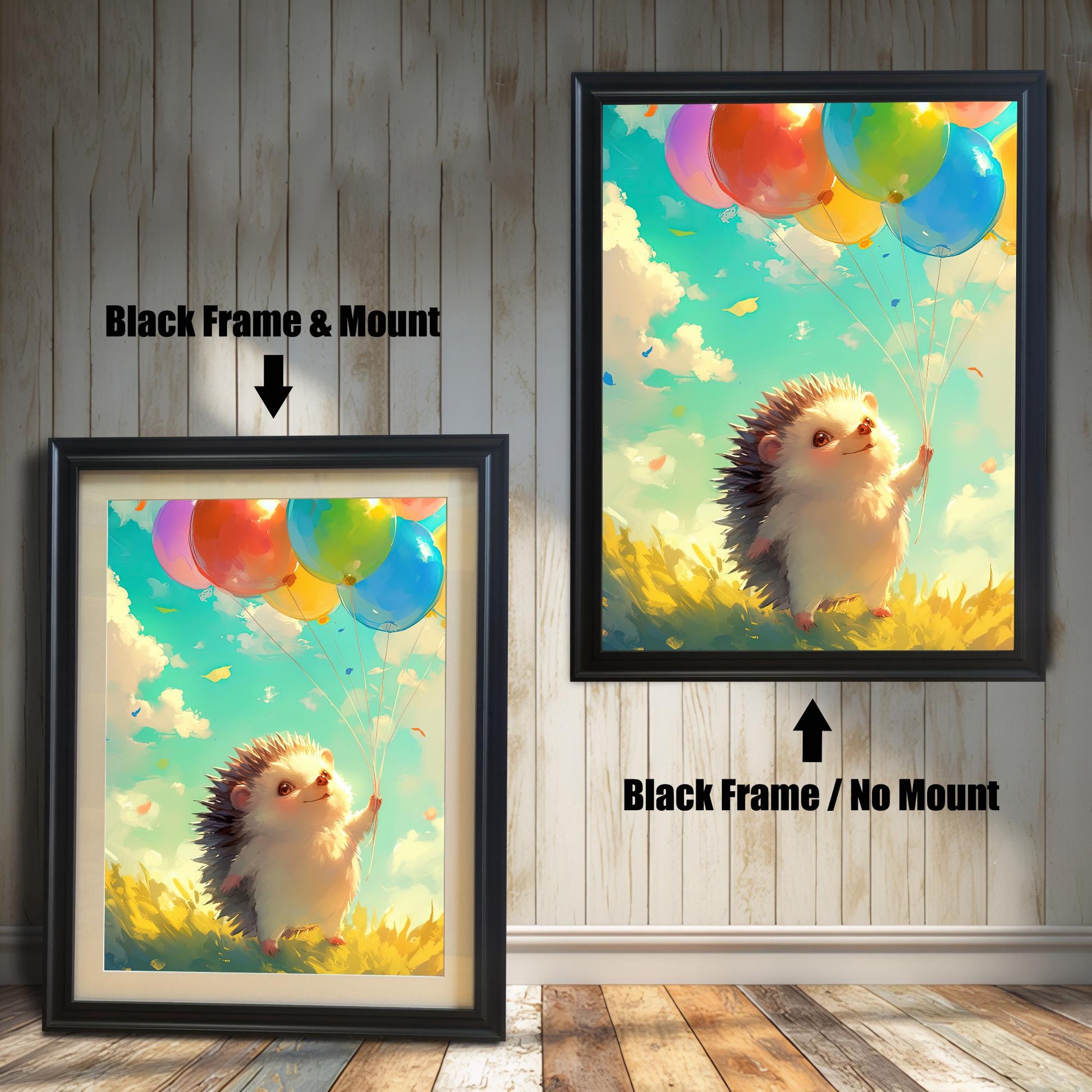A comparison of two black frame options for the hedgehog print: one with a white mat border (mount) and one without (no mount).