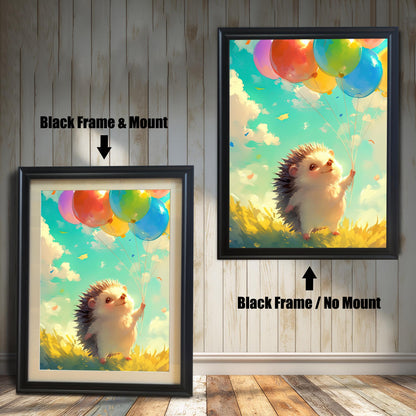 A comparison of two black frame options for the hedgehog print: one with a white mat border (mount) and one without (no mount).