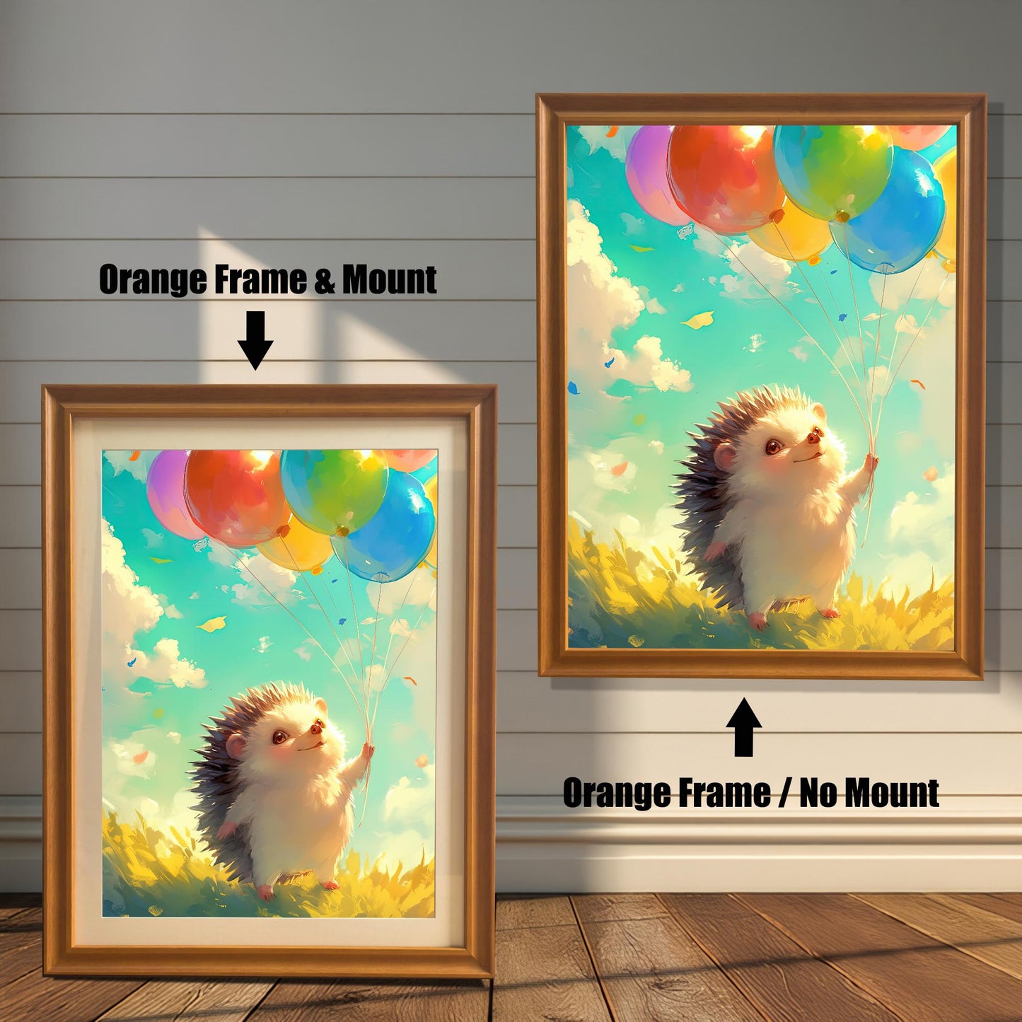 A comparison of two orange wood frame options for the hedgehog print: one with a white mat border (mount) and one without (no mount).