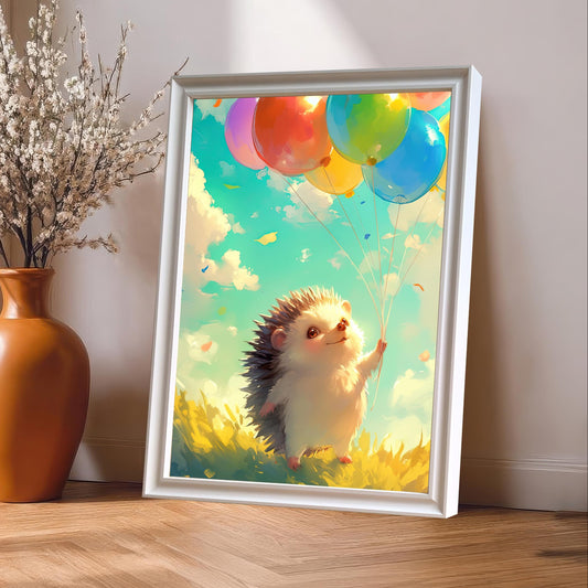A stylish, close-up shot of a framed hedgehog print leaning against a wall next to a vase with flowers. The white wood frame complements the bright, cheerful colors of the art and the room's decor.