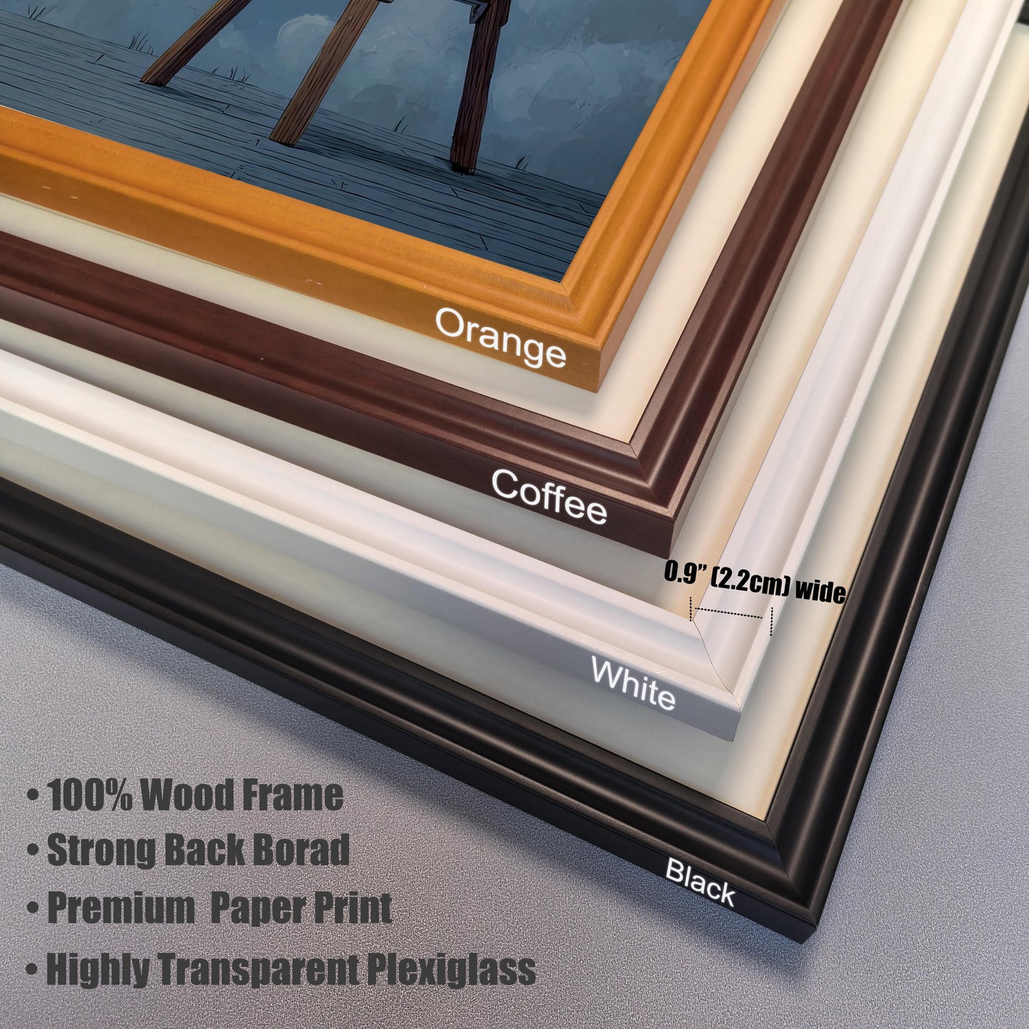 A detailed, close-up shot of the four available wood frame options for the wall art prints. The image shows the **Black**, **White**, **Coffee**, and **Orange** frames, highlighting the 0.9" (2.2cm) wide profile and product features, including a **100% wood frame**, **strong backboard**, **premium paper print**, and **highly transparent plexiglass**.