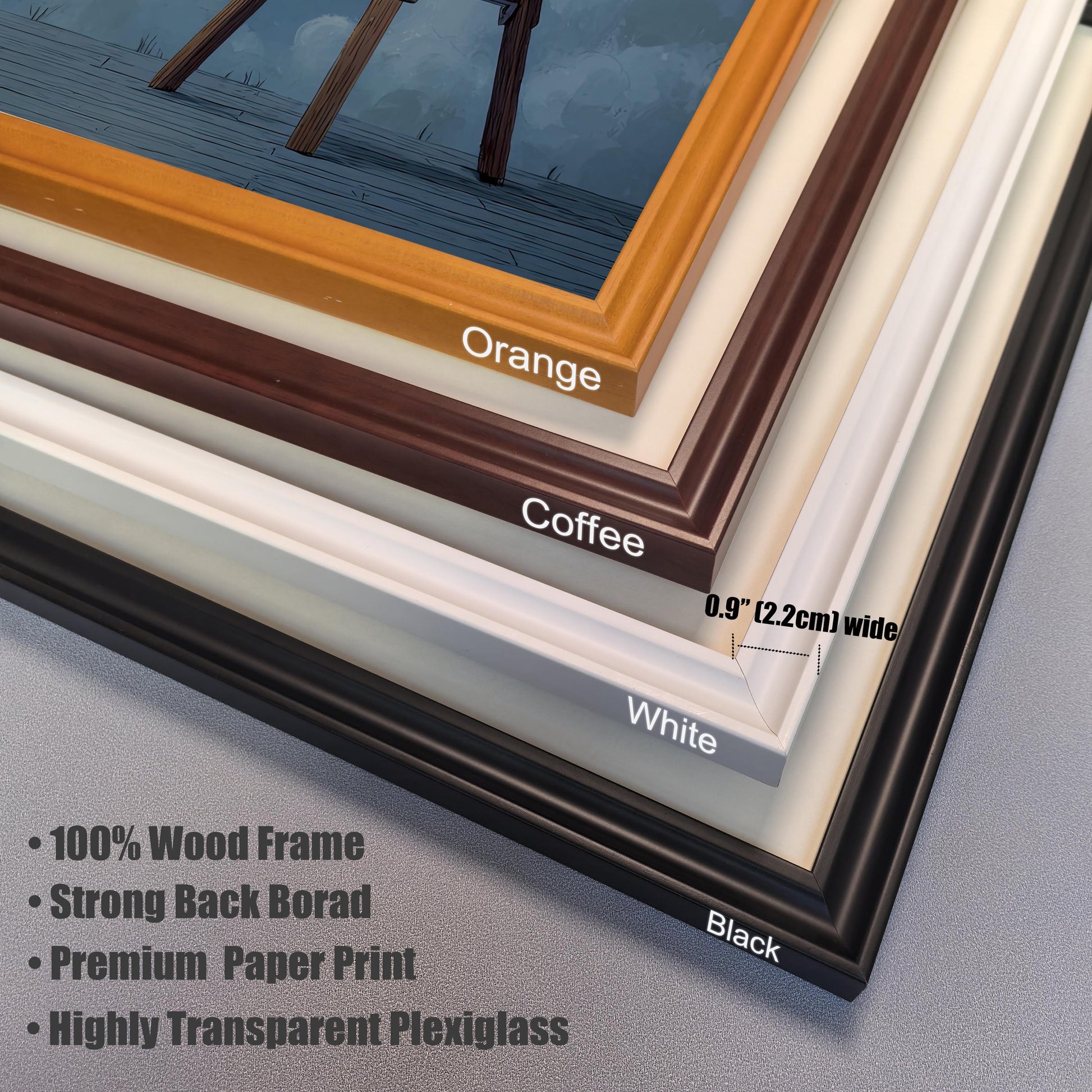 A detailed, close-up shot of the four available wood frame options for the wall art prints. The image shows the **Black**, **White**, **Coffee**, and **Orange** frames, highlighting the 0.9" (2.2cm) wide profile and product features, including a **100% wood frame**, **strong backboard**, **premium paper print**, and **highly transparent plexiglass**.