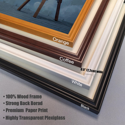 A detailed, close-up shot of the four available wood frame options for the wall art prints. The image shows the **Black**, **White**, **Coffee**, and **Orange** frames, highlighting the 0.9" (2.2cm) wide profile and product features, including a **100% wood frame**, **strong backboard**, **premium paper print**, and **highly transparent plexiglass**.
