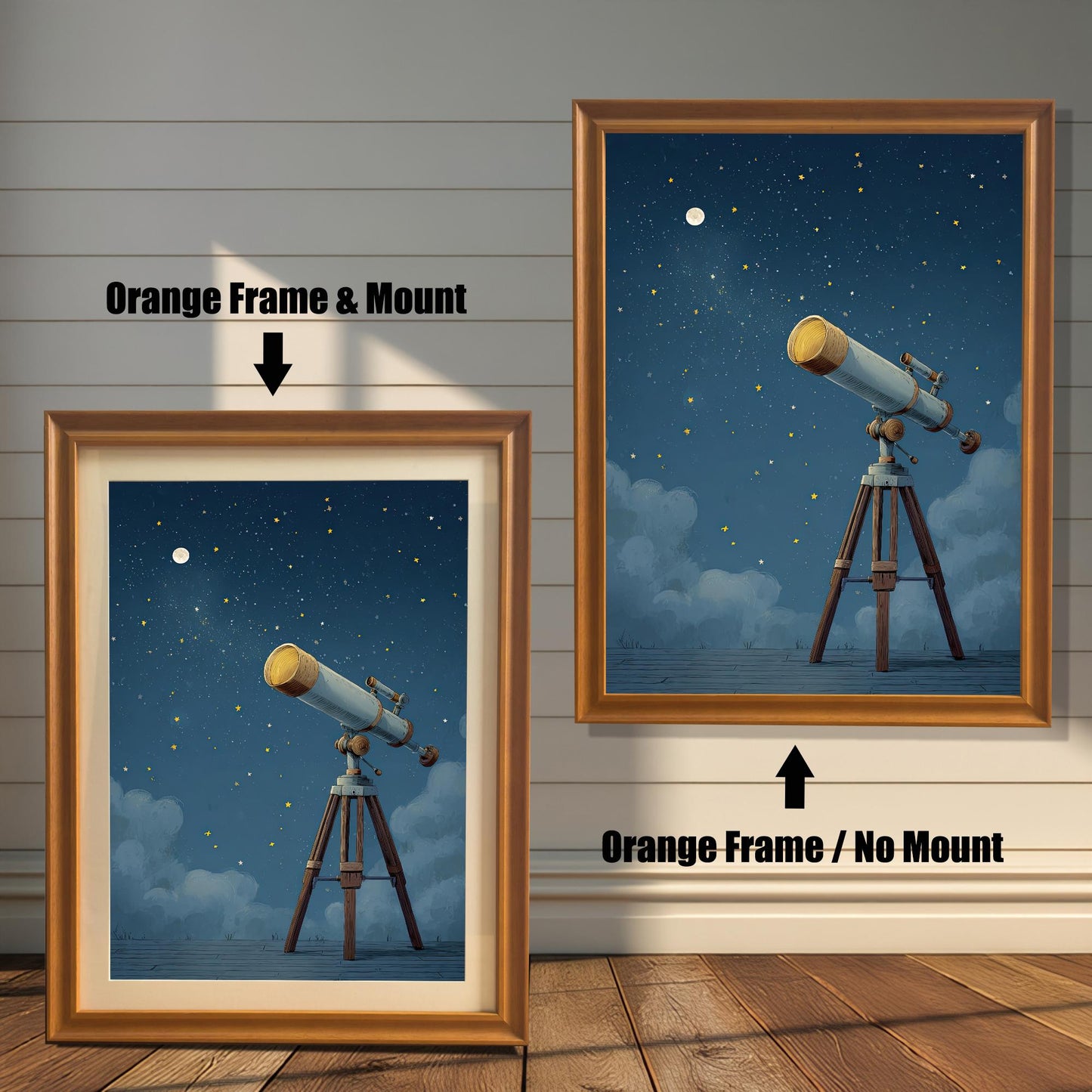 A charming framed print of a telescope under a starry night sky, shown in two **orange wood frames**, one with a mat and one without. This space-themed wall art is a great decorative piece for a kids' room or a home library.