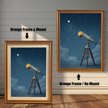 A charming framed print of a telescope under a starry night sky, shown in two **orange wood frames**, one with a mat and one without. This space-themed wall art is a great decorative piece for a kids' room or a home library.