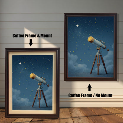 A charming framed print of a telescope under a starry night sky. The image is shown in two **coffee-colored wood frames**, one with a white mat or mount and one without. This art print is a great addition to a boy's room, a study, or a home office.
