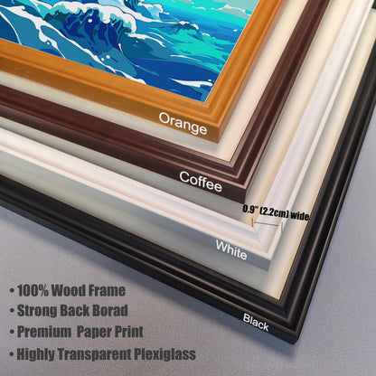 A close-up of the four available wood frame colors: orange, coffee, white, and black. Text highlights product features: 100% wood frame, strong backboard, premium paper print, and highly transparent plexiglass.