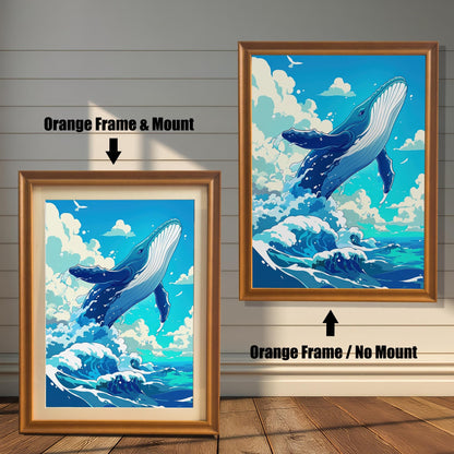 A comparison of the whale art print in an orange wood frame, showing the product with a white mount versus without a mount.