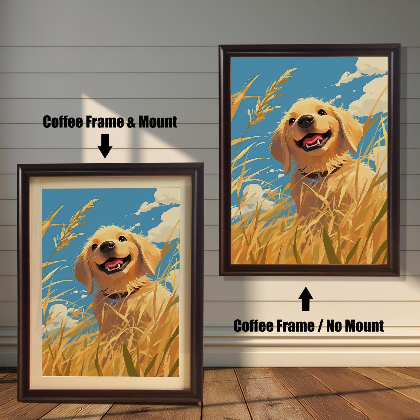A cute, whimsical framed print of a golden retriever sitting in a field of golden grass. The image is shown in two **coffee-colored wood frames**, one with a mat and one without. This dog-themed wall art is ideal for a living room, bedroom, or as a gift for pet owners.