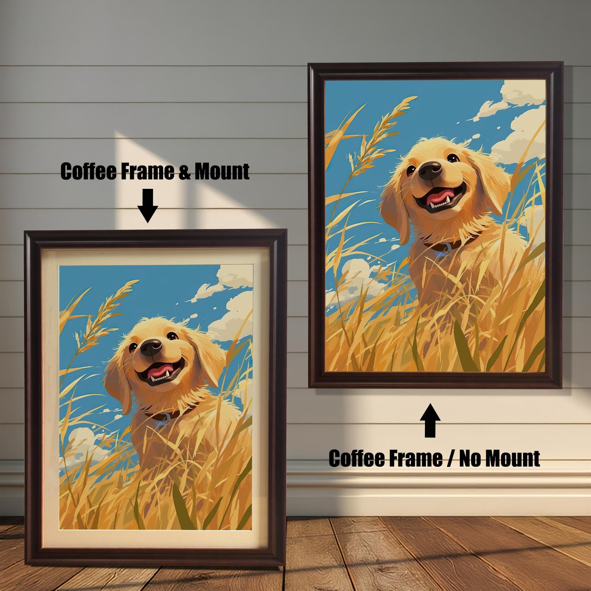 A cute, whimsical framed print of a golden retriever sitting in a field of golden grass. The image is shown in two **coffee-colored wood frames**, one with a mat and one without. This dog-themed wall art is ideal for a living room, bedroom, or as a gift for pet owners.