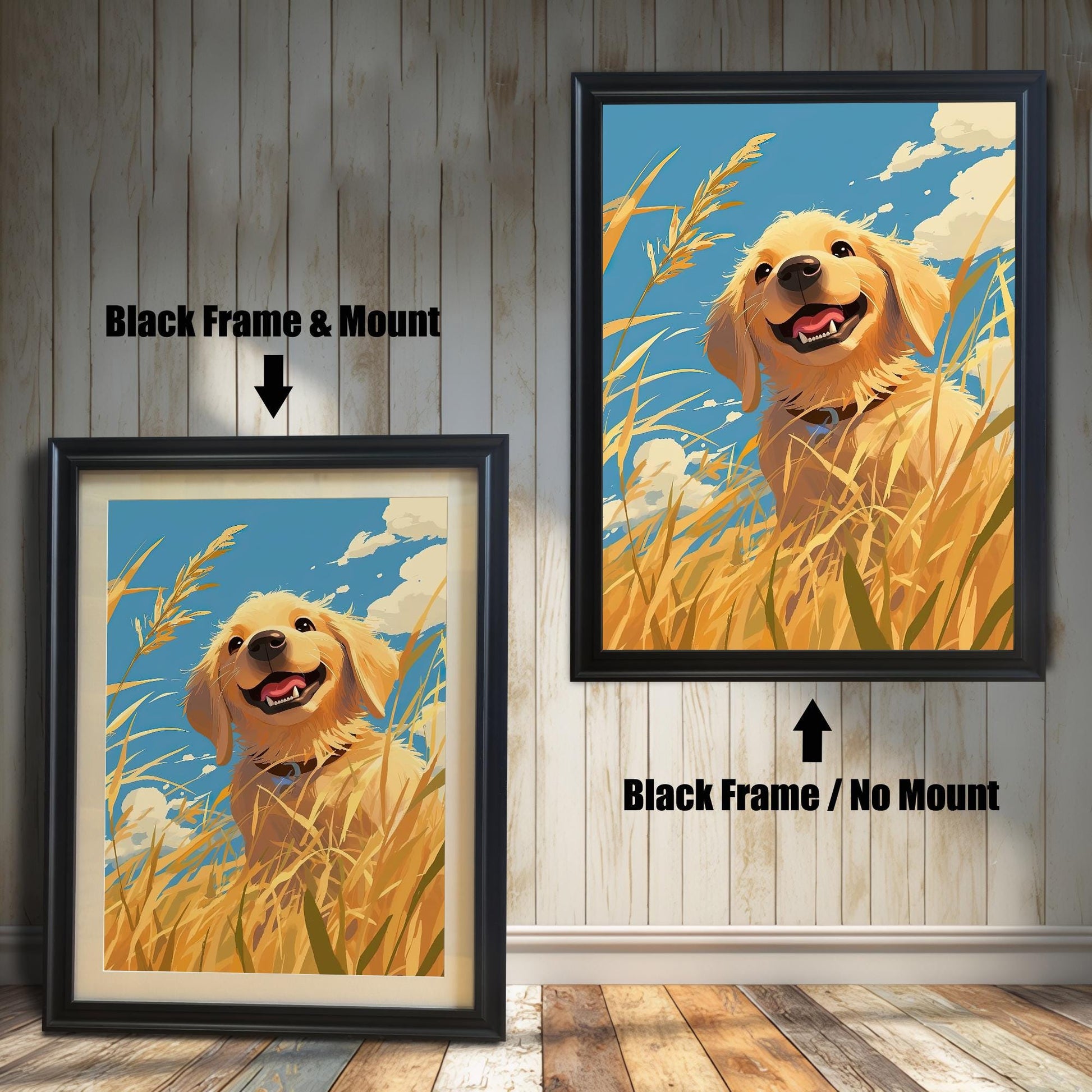 A cheerful art print of a golden retriever dog in a field of tall grass under a blue sky. The image is shown in two **black wood frames**, one with a mat and one without. This piece of art is perfect for dog lovers and adds a happy touch to any room.