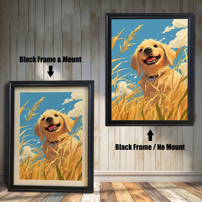 A cheerful art print of a golden retriever dog in a field of tall grass under a blue sky. The image is shown in two **black wood frames**, one with a mat and one without. This piece of art is perfect for dog lovers and adds a happy touch to any room.