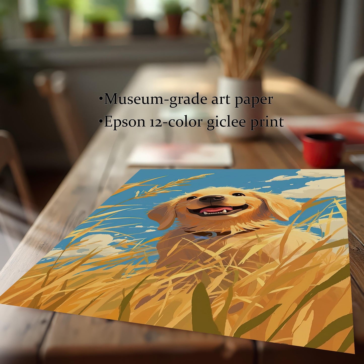 A close-up, angled shot of a high-quality print featuring a happy golden retriever in a field. The print is on **museum-grade art paper** using an **Epson 12-color giclee print** process, highlighting the premium quality and rich colors.