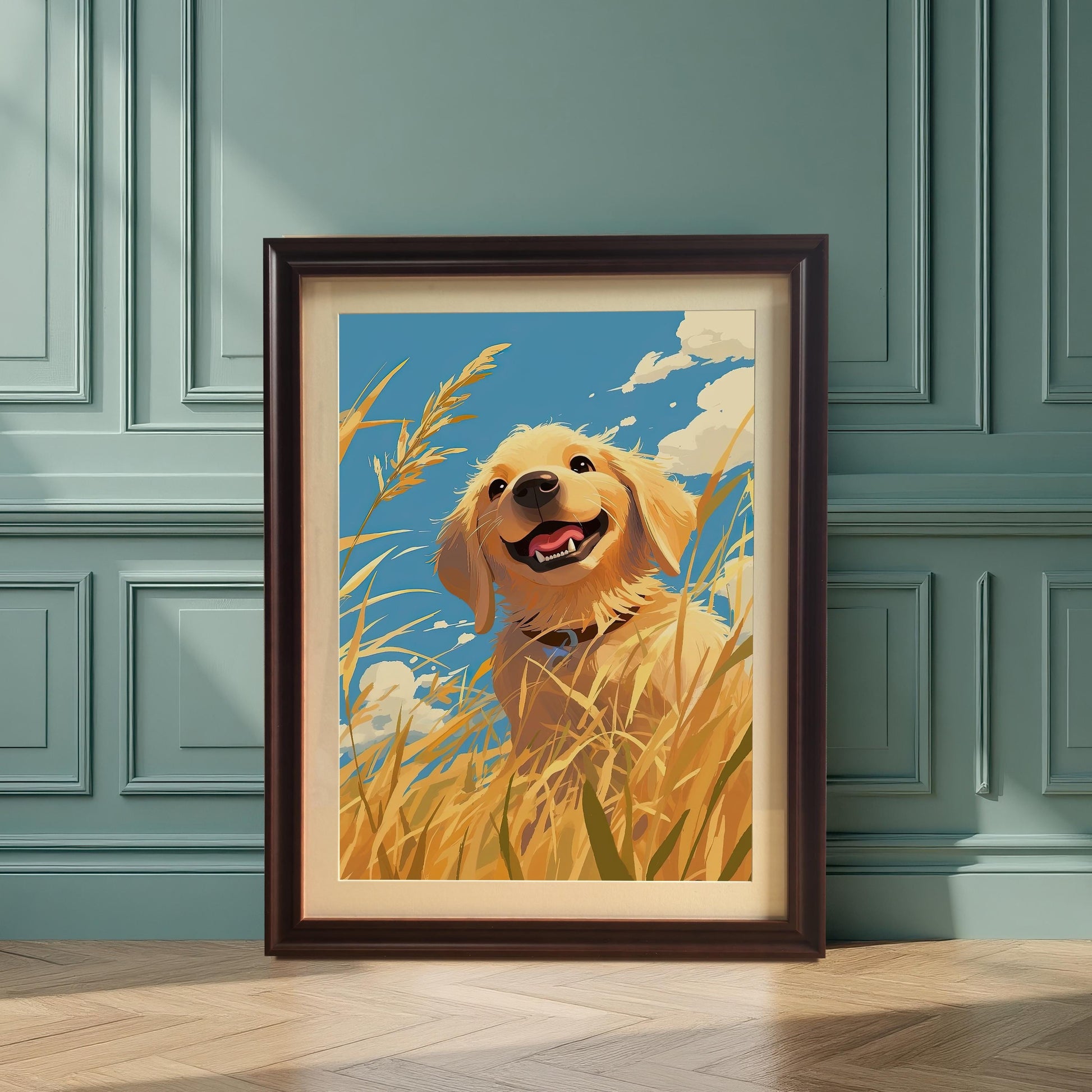 A large framed print of a smiling golden retriever, leaning against a wall in a room with wainscoting. The **coffee-colored wood frame** with a white mat adds a classic, elegant touch to the wall decor.