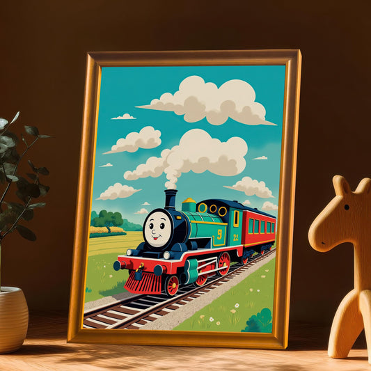 A large framed print of a smiling train, leaning against a table with a wooden toy horse. The **orange-brown wood frame** complements the warm, colorful art, making this a perfect piece of decor for a child's room.