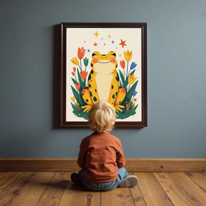 A small child with blonde hair wearing an orange shirt and jeans sitting on a wooden floor, looking at a happy yellow frog wall art print in a coffee-colored wood frame hanging on a blue wall.