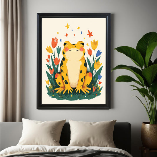 A happy yellow frog wall art print in a black wood frame hanging above a bed with white pillows and a large green plant to the right. The room has neutral-toned walls and curtains.
