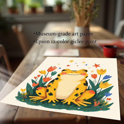 A high-quality, unframed giclée art print featuring a happy yellow frog surrounded by colorful tulips and stars. The print is lying on a wooden table, and the text notes it's on "Museum-grade art paper" and an "Epson 12-color giclée print."