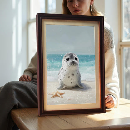 A person holds a framed print of a baby seal on a beach, set in a coffee-colored frame with a mount. The person's face is partially visible, and they are sitting on a wooden surface in a sunlit room.