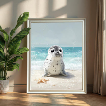 A framed art print of a baby seal on a beach, in a white frame, standing on a wooden floor. A large green potted plant is on the left, and a white curtain is on the right, creating a bright, inviting atmosphere.