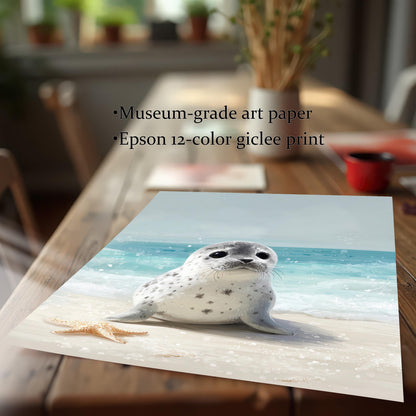 A close-up of a high-quality art print of a baby seal on a beach, lying flat on a wooden table. The image includes text overlays that say "Museum-grade art paper" and "Epson 12-color giclee print.