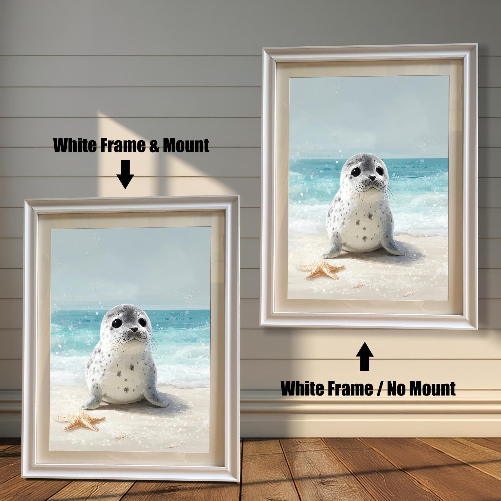 Two framed prints of a baby seal on a beach. The one on the left has a white frame with a mount, while the one on the right has a white frame without a mount. Text labels "White Frame & Mount" and "White Frame / No Mount" explain the difference.