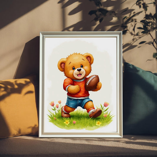 A cute teddy bear art print in a white wood frame, leaning against a neutral-colored couch with pillows. The background includes soft shadows from a nearby window.