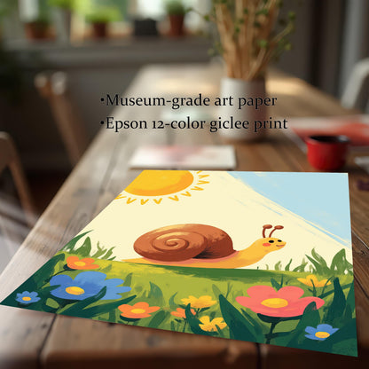 A high-quality flat lay art print featuring a smiling snail in a sunny meadow. The image highlights the **museum-grade art paper** and **Epson 12-color giclee print** quality, set against a blurred background of a wooden table.