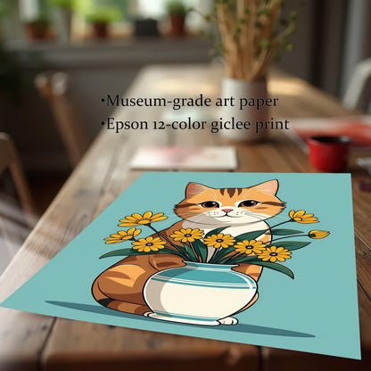 A high-quality flat lay art print of a cat with a vase of flowers. The image highlights that the print is made with **museum-grade art paper** and an **Epson 12-color giclee print**, resting on a rustic wooden table.
