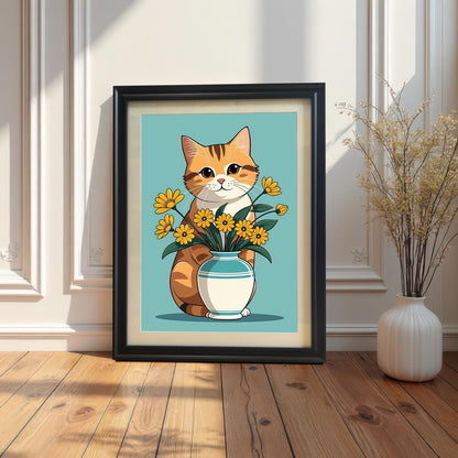 A **black wood framed** art print of a charming ginger cat next to a vase of yellow flowers. The print is leaning on a wood floor against a white paneled wall, with a decorative vase next to it.