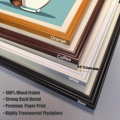 A close-up showing the four available wood frame options for the wall art: **Orange, Coffee, White, and Black**. The image highlights the **0.9" (2.2cm) wide frame** and details the materials: **100% wood frame, strong back board, premium paper print, and highly transparent plexiglass