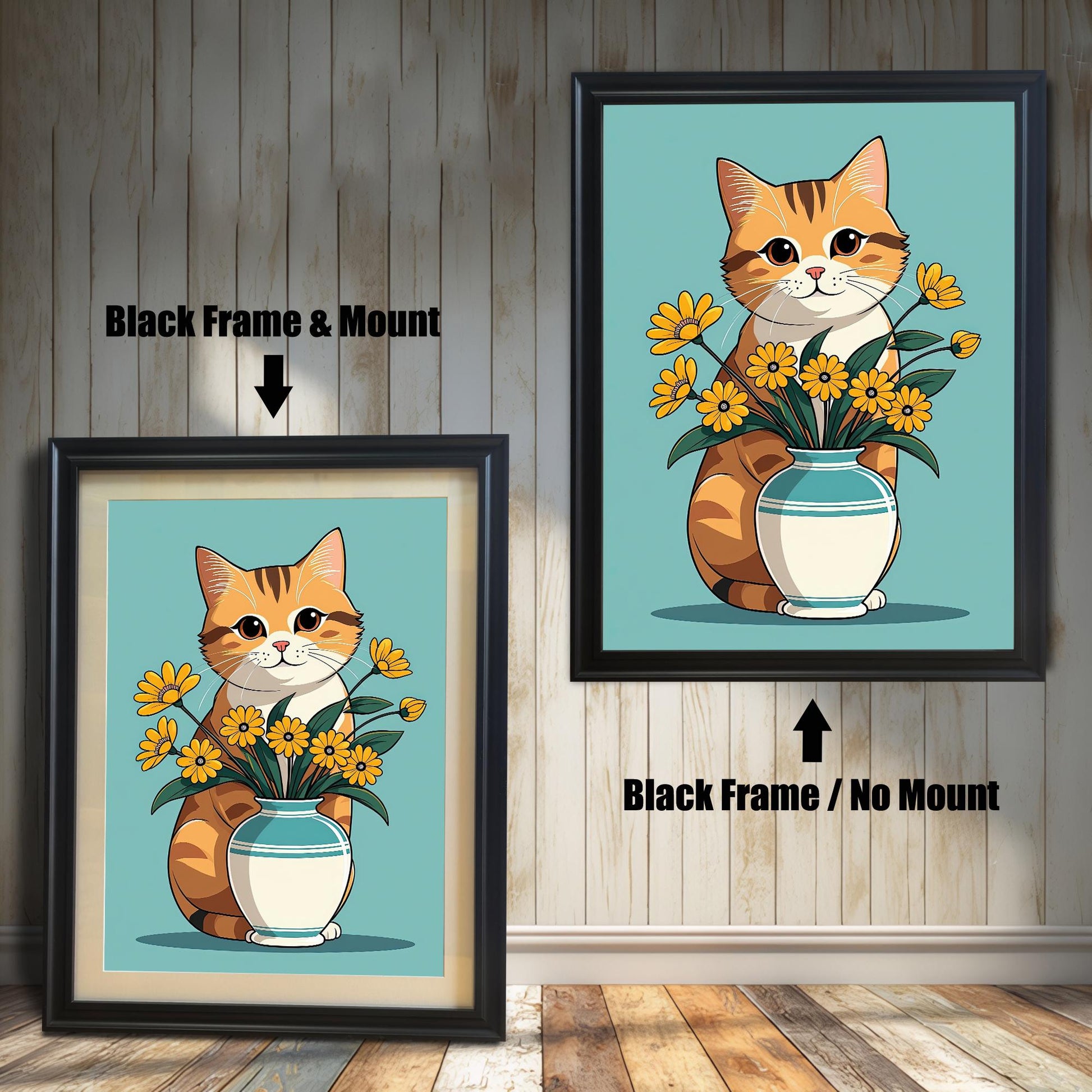 Two framed art prints of a smiling ginger tabby cat and a vase of flowers. The left print is in a **black wood frame with a mount**, and the right print is in a **black wood frame without a mount**. The prints are against a rustic wood wall background.