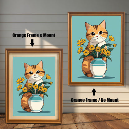 A set of two art prints featuring an adorable cat with a vase of sunflowers. The print on the left is in an **orange wood frame with a mount**, while the one on the right is in an **orange wood frame with no mount**. Both prints are shown against a wood wall.