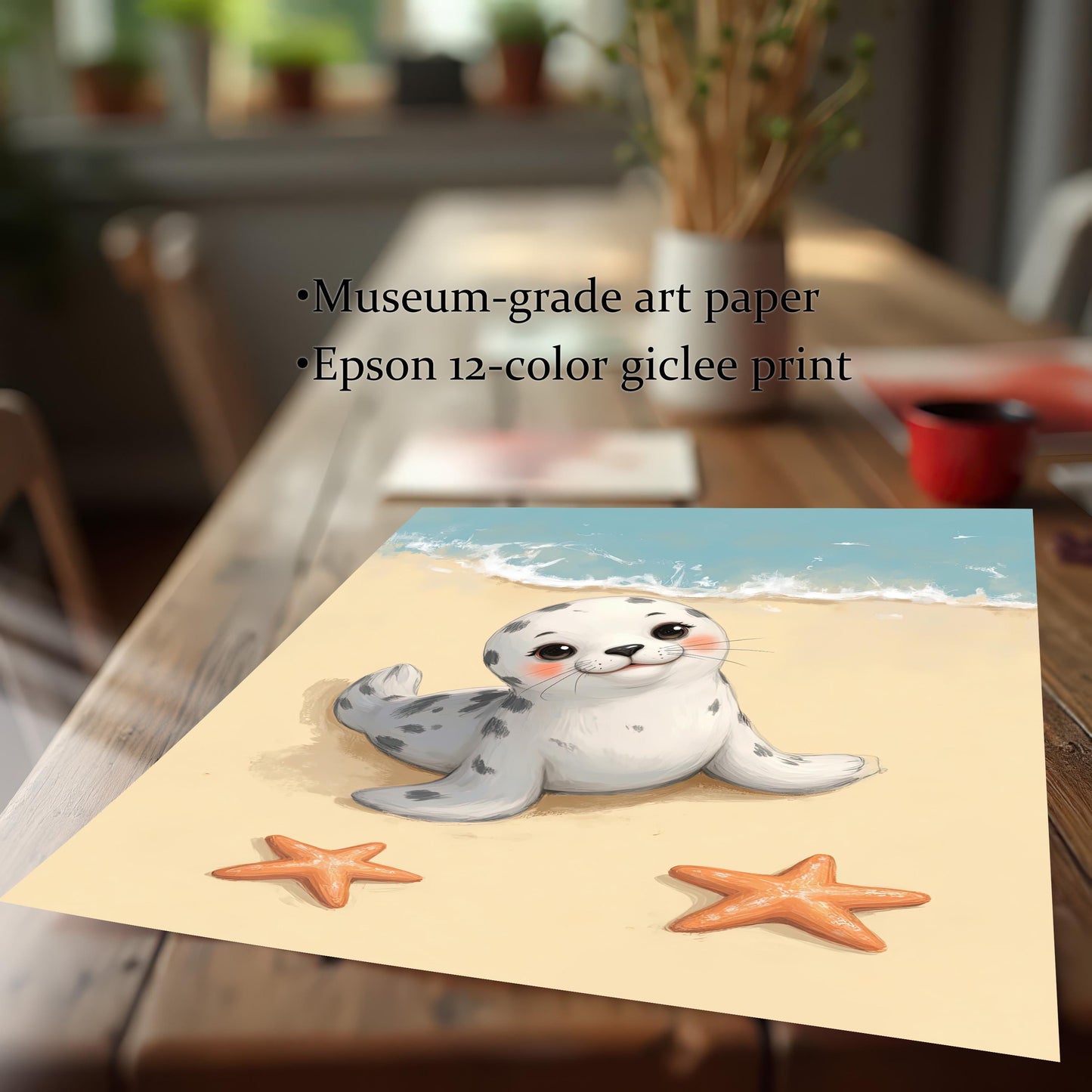 A high-quality print of a smiling baby seal on a beach is shown lying flat on a wooden table. Text overlays highlight the product's quality: "Museum-grade art paper" and "Epson 12-color giclee print."