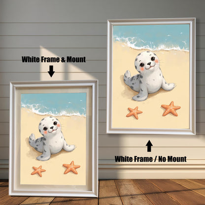 Two framed prints of a baby seal are displayed. The one on the left has a white frame with a mount, while the one on the right has a white frame without a mount. Text labels explain the "White Frame & Mount" and "White Frame / No Mount" options.