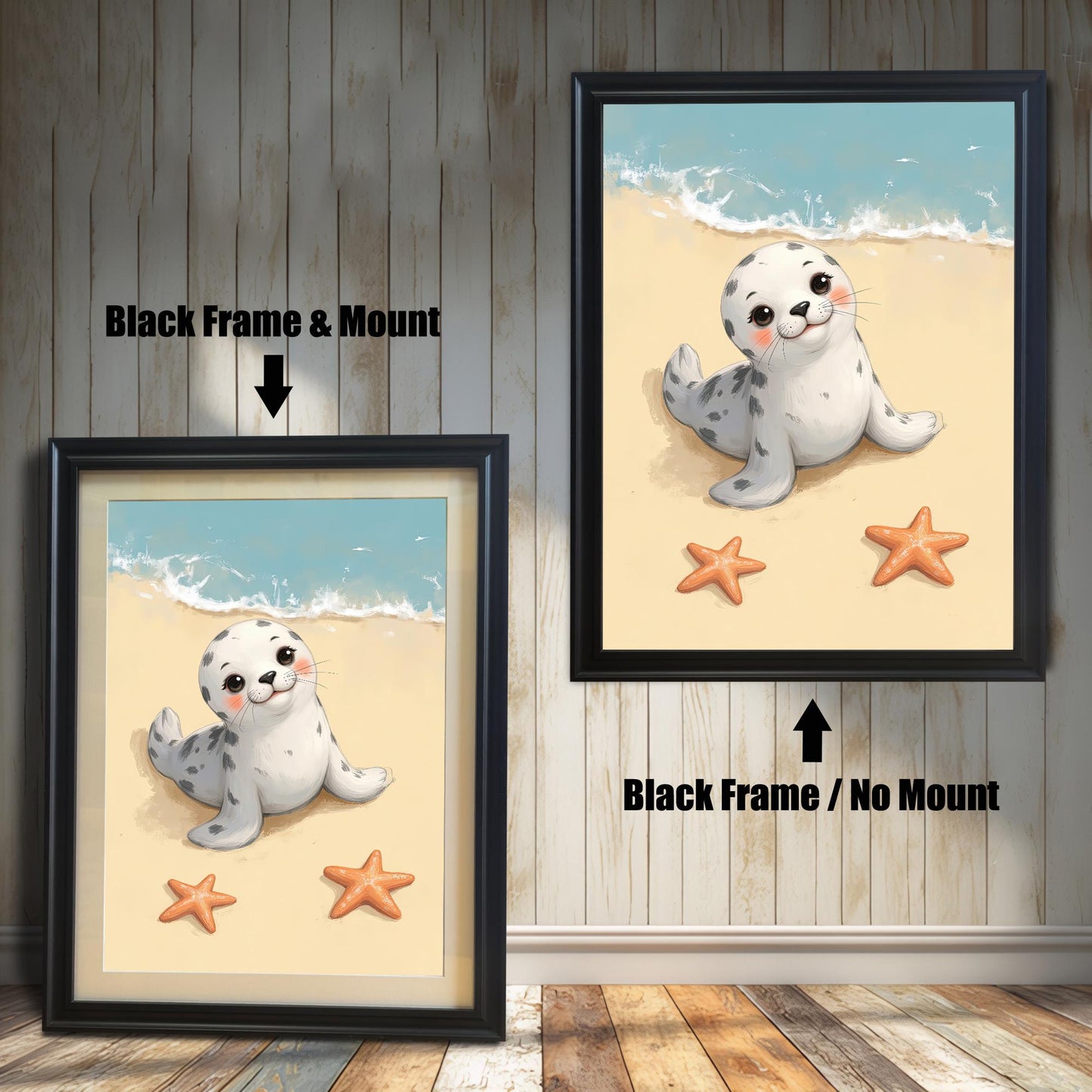 Two framed prints of a baby seal, both in black frames. The one on the left has a mount, and the one on the right does not. Text labels "Black Frame & Mount" and "Black Frame / No Mount" describe the options.