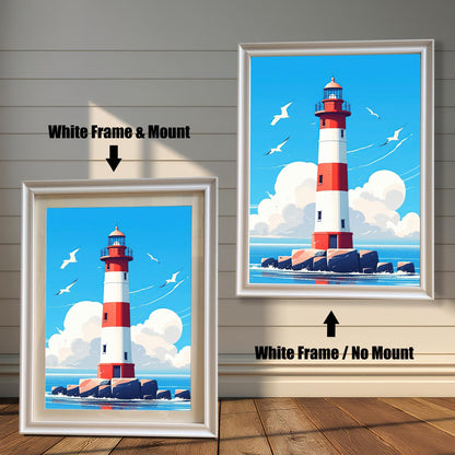Two framed prints of a red and white lighthouse on a white wood-paneled wall. The one on the left has a white frame with a mount. The one on the right has a white frame with no mount.