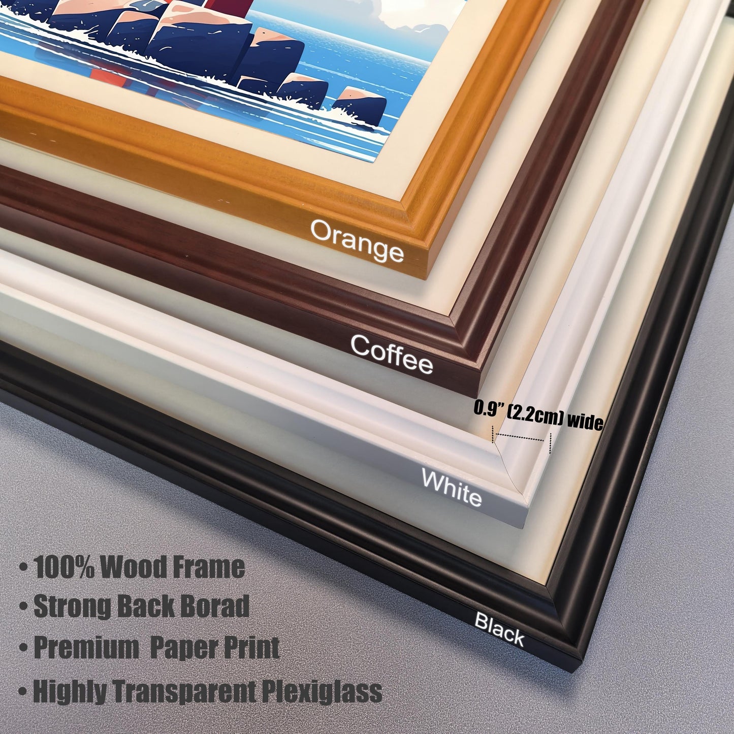 A close-up of framed art corners, stacked to show different frame colors: orange, coffee, white, and black. Text describes the frames as 0.9-inch wide wood frames with plexiglass.
