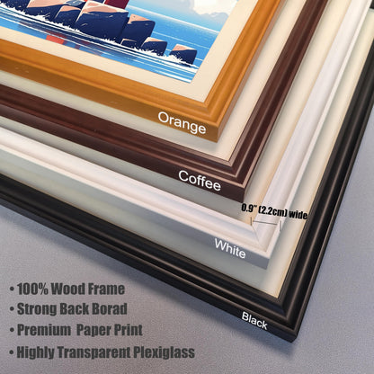 A close-up of framed art corners, stacked to show different frame colors: orange, coffee, white, and black. Text describes the frames as 0.9-inch wide wood frames with plexiglass.