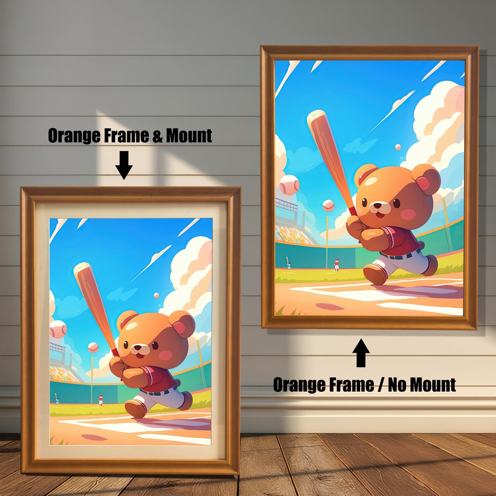 Two framed prints of a baseball-playing bear on a white wood-paneled wall. The one on the left has an orange frame with a mount. The one on the right has an orange frame with no mount.