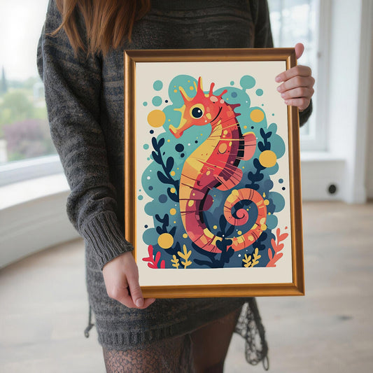 A person wearing a gray knit sweater holds an orange-framed print of a colorful seahorse.